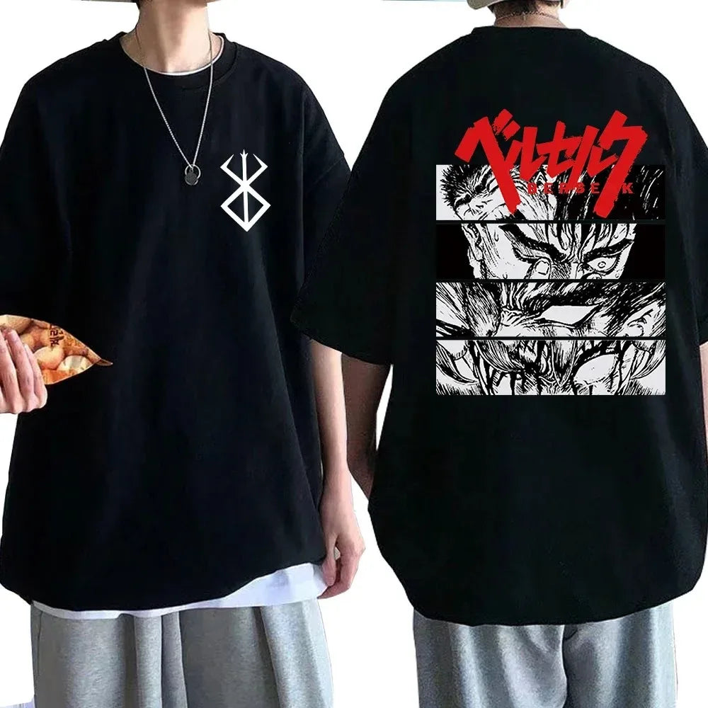 Hip Hop Streetwear Men T-shirts Anime Berserk Guts Print T Shirt 100% Cotton Breathable Tees Unisex Oversized Casual Y2K Clothes