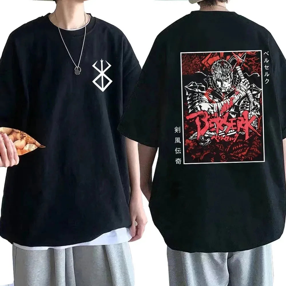 Hip Hop Streetwear Men T-shirts Anime Berserk Guts Print T Shirt 100% Cotton Breathable Tees Unisex Oversized Casual Y2K Clothes